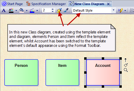 Showing a UML Class diagram with class elements formatted from a model template and another element formatted from the Format Bar.