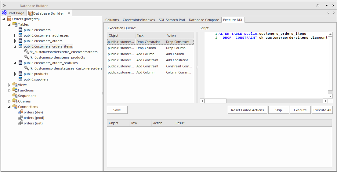 Showing the Execute DDL tab of the Database Builder, in Sparx Systems Enterprise Architect.
