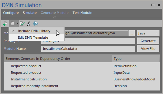 Setting the Include DMN Librbary option in the dialog used for generating code for an DMN model using Sparx Systems Enterprise Architect