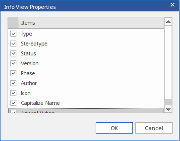 The Info View Properties dialog is used to define the information shown in an element displayed in the Info View style.
