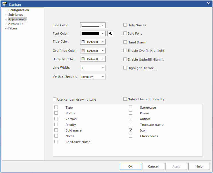 Setting appearance options for lanes on a Kanban Diagram in Sparx Systems Enterprise Architect.
