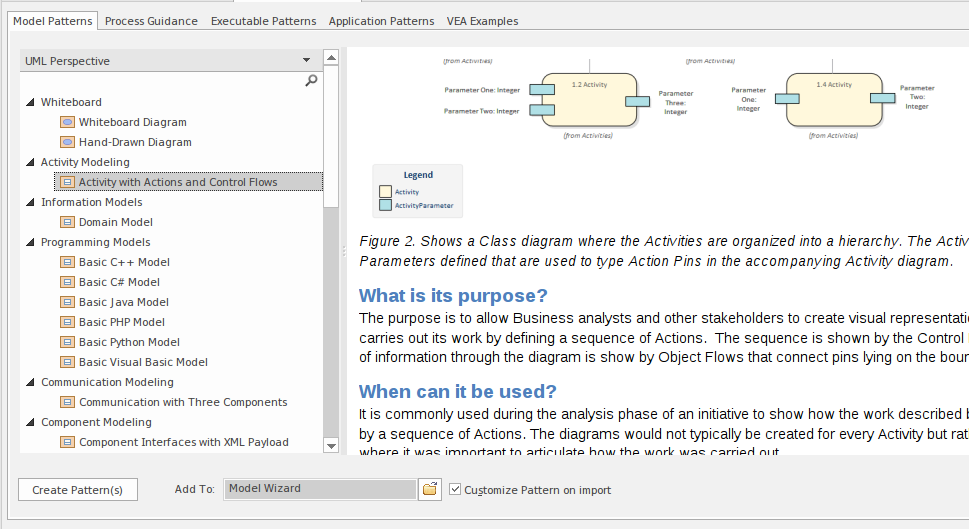 Showing a model pattern being selected in the Model Wizard Dialog in Sparx Systems Enterprise Architect.