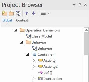A screenshot from Sparx Systems Enterprise Architect showing a UML Class element that owns an Operation in the Project Browser.