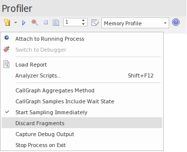 Setting options using the Profiler's toolbar menu