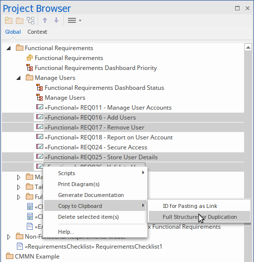 Copying requirement elements in the Project Browser in Sparx Systems Enterprise Architect.