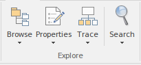 Explore panel of the Start ribbon in Sparx Systems Enterprise Architect. Explore panel of the Start ribbon in Sparx Systems Enterprise Architect.