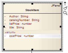 A UML Class element in Sparx Systems Enterprise Architect showing a stereotyped attribute selected for in-place editing tasks.