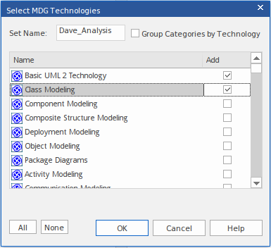 Selecting MDG Technologies while creating custom perspectives in Sparx Systems Enterprise Architect.