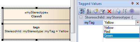 A UML Class diagram that shows a stereotyped class with a tagged value that is defined as an enumeration. The tagged value can be set in the Tagged Values docked window in Sparx Systems Enterprise Architect.