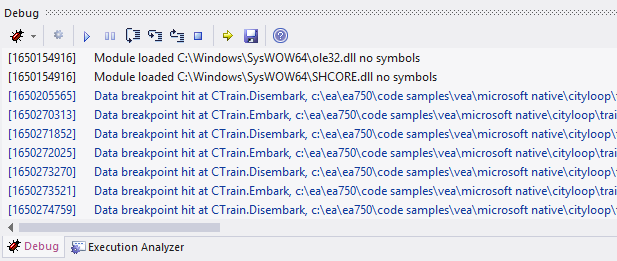 Each incidence of a data breakpoint is logged in the debugger window