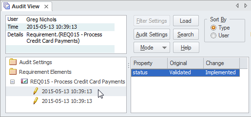 Showing the status change of a requirement in the Audit View in Sparx Systems Enterprise Architect.