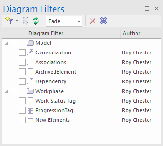 The Diagram Filters window shows the diagram filters available for use in the current model.