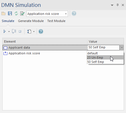 An example of choosing a Dataset for DMN simulation using Enterprise Architect. An example of choosing a Dataset for DMN simulation using Enterprise Architect.