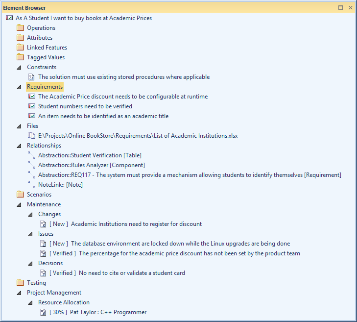 Showing a user story in the Element Browser in Sparx Systems Enterprise Architect.