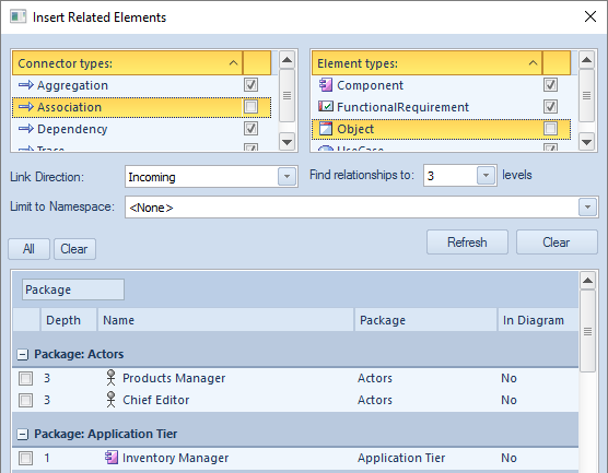 Insert Related Elements dialog in Sparx Systems Enterprise Architect.