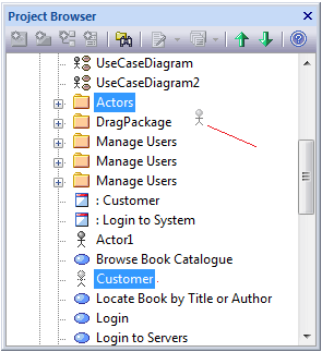 Showing a UML Actor element being moved between packages in the Project Browser.
