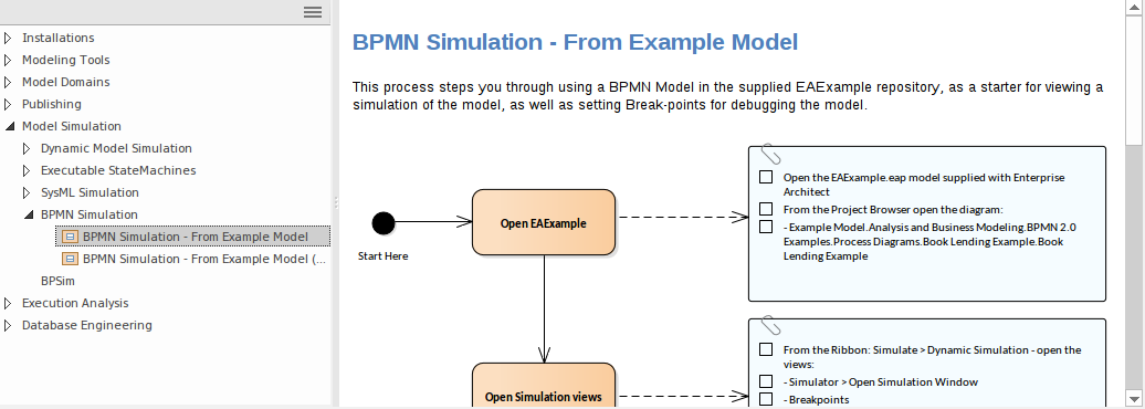 Showing a BPMN Simulation process guidance pattern in Sparx Systems Enterprise Architect.