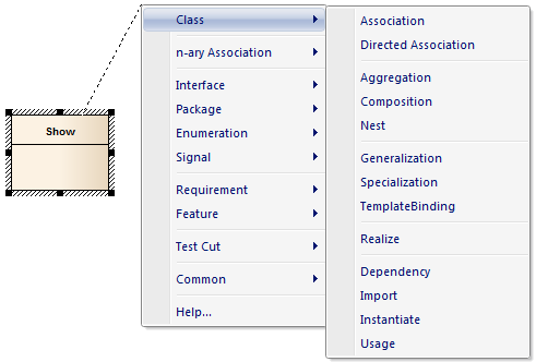 Showing the quicklinker menu for a selected Class element in Sparx Systems Enterprise Architect.