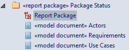 A Virtual Report Package viewed from the Project Browsed that is used for generating a virtual document in Sparx Systems Enterprise Architect.