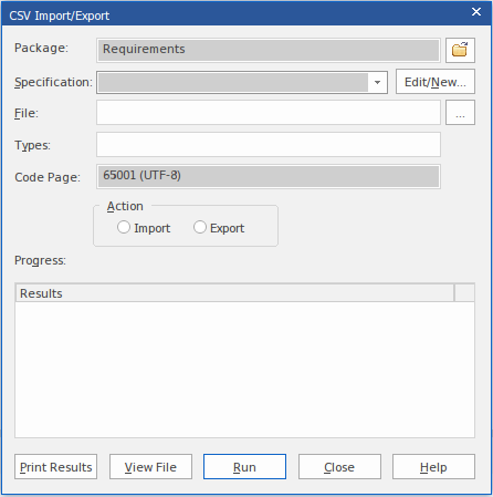 The CSV Import/Export dialog in Sparx Systems Enterprise Architect.