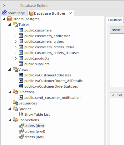 Showing the Database Builder tree with a data model loaded in Sparx Systems Enterprise Architect.