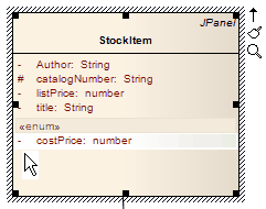A UML Class element in Sparx Systems Enterprise Architect showing an attribute selected for in-place editing of its scope symbol.