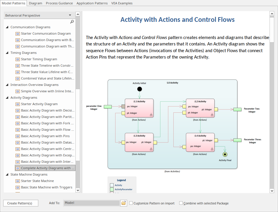 Showing a model pattern being selected in the Model Wizard Dialog in Sparx Systems Enterprise Architect.