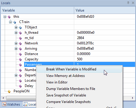 You can find out when a variable changes value using its context menu