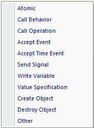 A drop-down list of Action types available for selection in Sparx Systems Enterprise Architect.