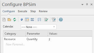 BPSim dialog for configuration of available resources in Enterprise Architect