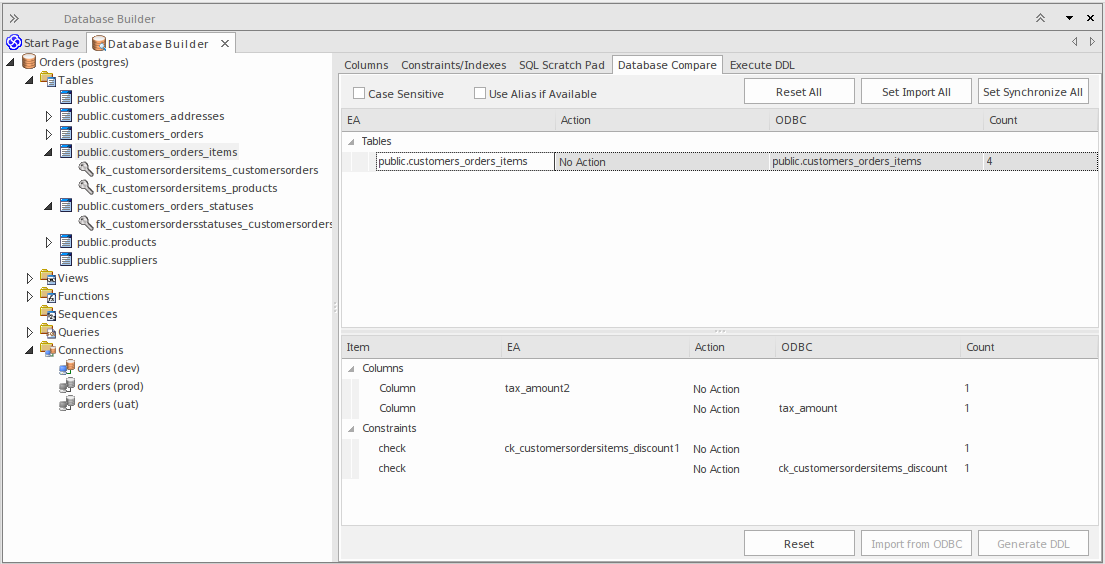 Showing the Database Compare tab of the Database Builder, in Sparx Systems Enterprise Architect.