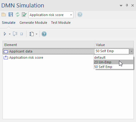 An example of choosing a Dataset for DMN simulation using Enterprise Architect.
