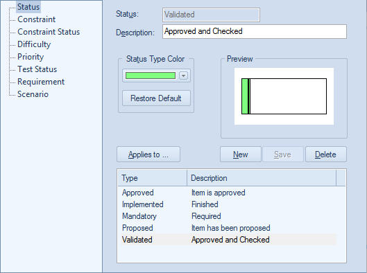 Defining status types in Sparx Systems Enterprise Architect.
