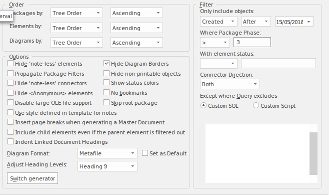 Documentation options in Sparx Systems Enterprise Architect.