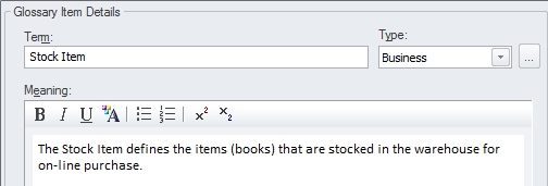 Entering a glossary item in the Glossary Item Details dialog.