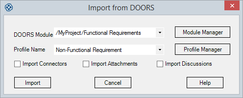 DOORS import dialog in Sparx Systems Enterprise Architect.