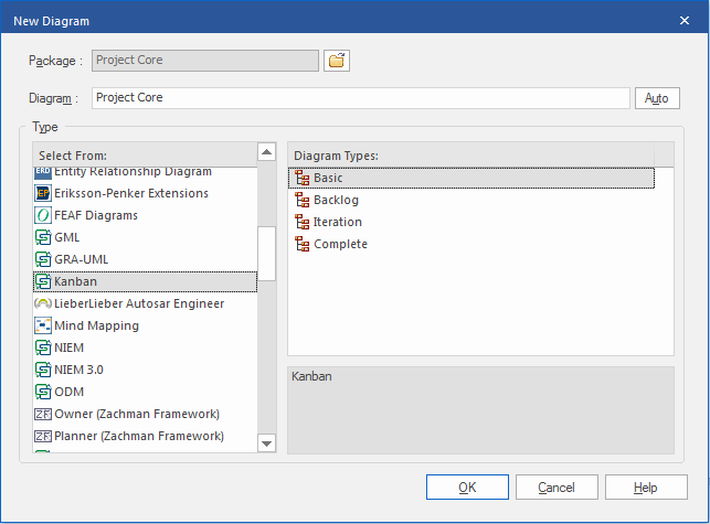 Creating a new Kanban Diagram in Sparx Systems Enterprise Architect.