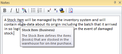 When the mouse pointer rolls over a glossary term in a notes window, a rollover tooltip is shown with the glossary definition.