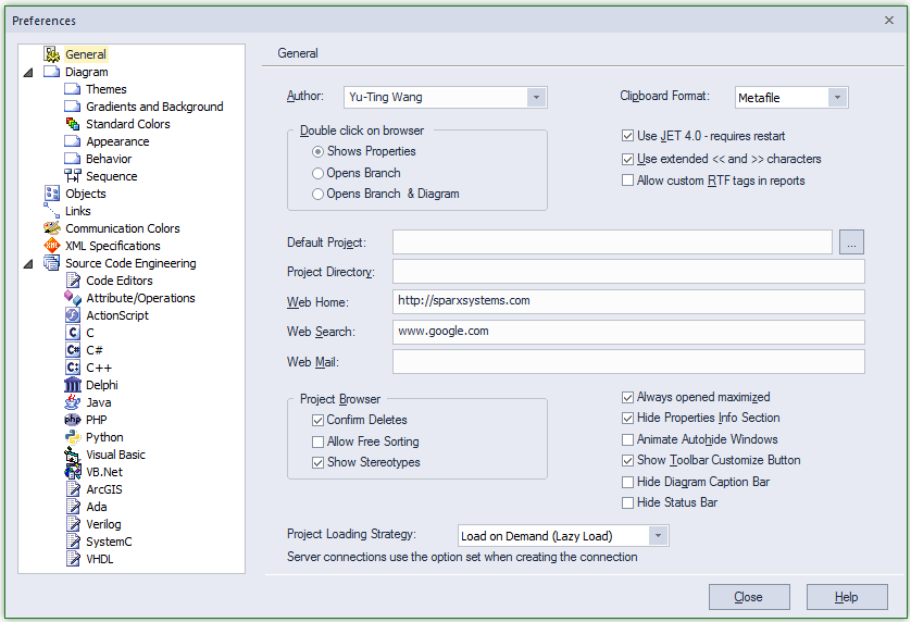 General preferences dialog in Sparx Systems Enterprise Architect.