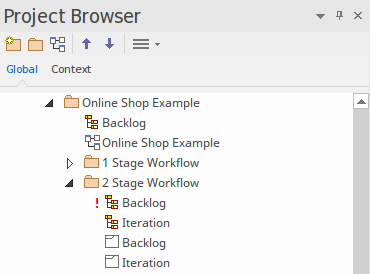 The Project Browser showing the backlog diagram locked in a Kanban two-stage workflow in Sparx Systems Enterprise Architect.