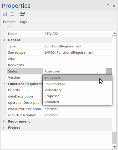 The properties sheet for a Requirement element in the Element Properties docked window in Sparx Systems Enterprise Architect.