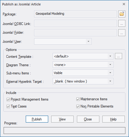 The dialog with settings for Publishing the model content as a Joomla! Article from Sparx Systems Enterprise Architect.