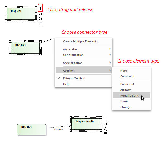 Showing how to create a new element using the quicklinker in Sparx Systems Enterprise Architect.