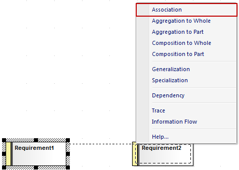 Showing the Quicklinker menu for a Requirement element in Sparx Systems Enterprise Architect.