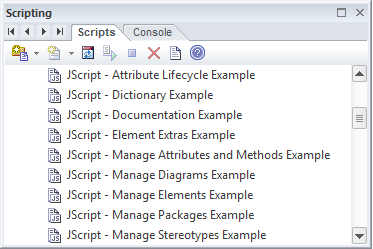 Showing JScript scripts in the Scripting window in Sparx Systems Enterprise Architect.