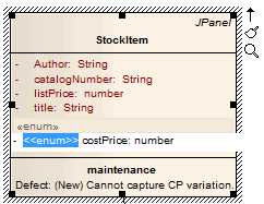 A UML Class element in Sparx Systems Enterprise Architect showing an attribute's stereotype selected for in-place editing.
