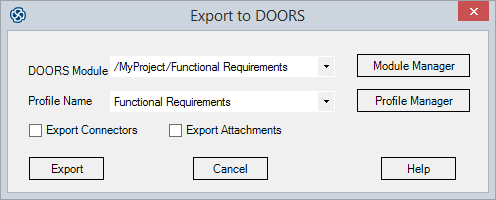 Export to DOORS dialog in Sparx Systems Enterprise Architect.