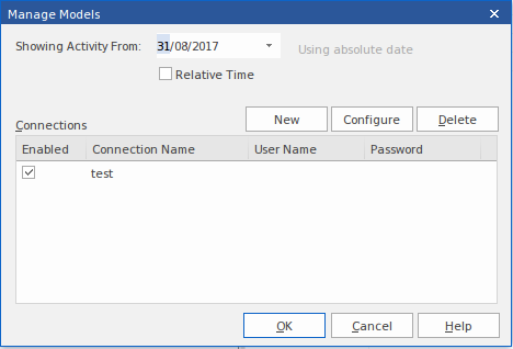 Configuring a Watch List in the Manage Models dialog in Sparx Systems Enterprise Architect.