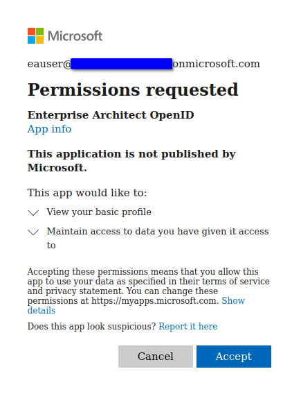 The Azure consent screen to allow the Azure App access to your profile