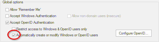 Tick the option to 'Automatically create or modify Windows or OpenID users'